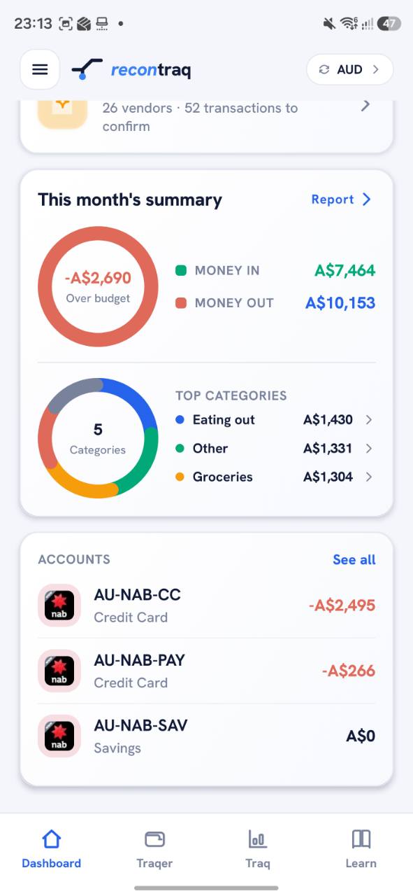 Recontraq dashboard — money in, money out, safe to spend, and account balances