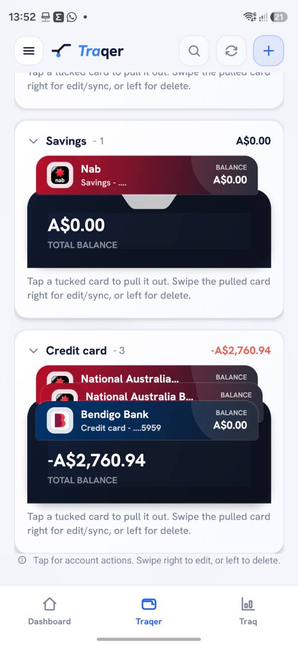 Recontraq Traqer — savings and credit card accounts with balances